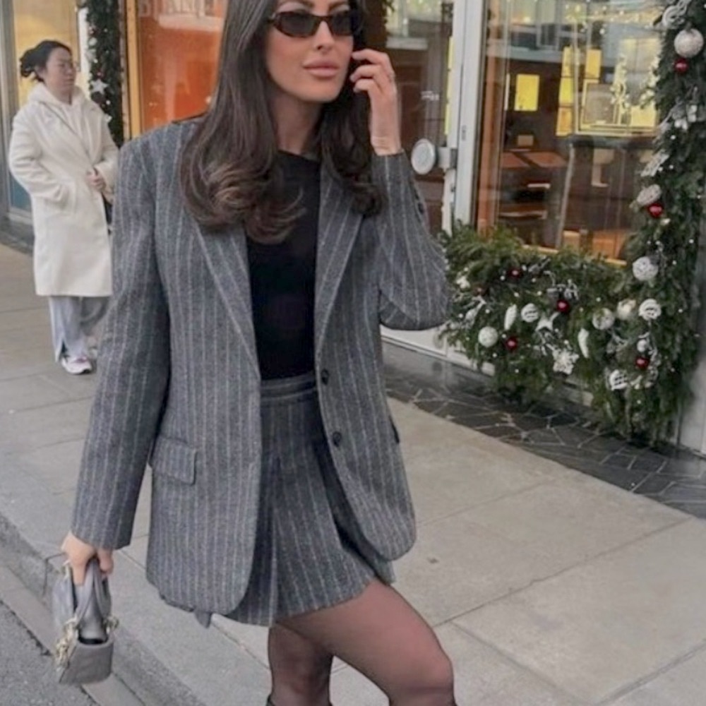 Zara oversized blazer gray pinstripe oversized double breasted NWT size M-L